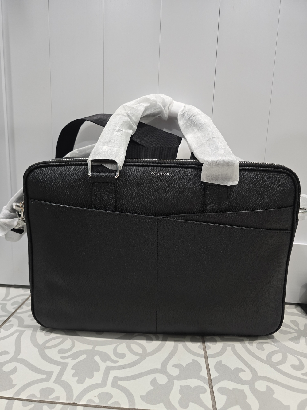 Cole Haan Black Leather Laptop Briefcase with Exterior Pocket